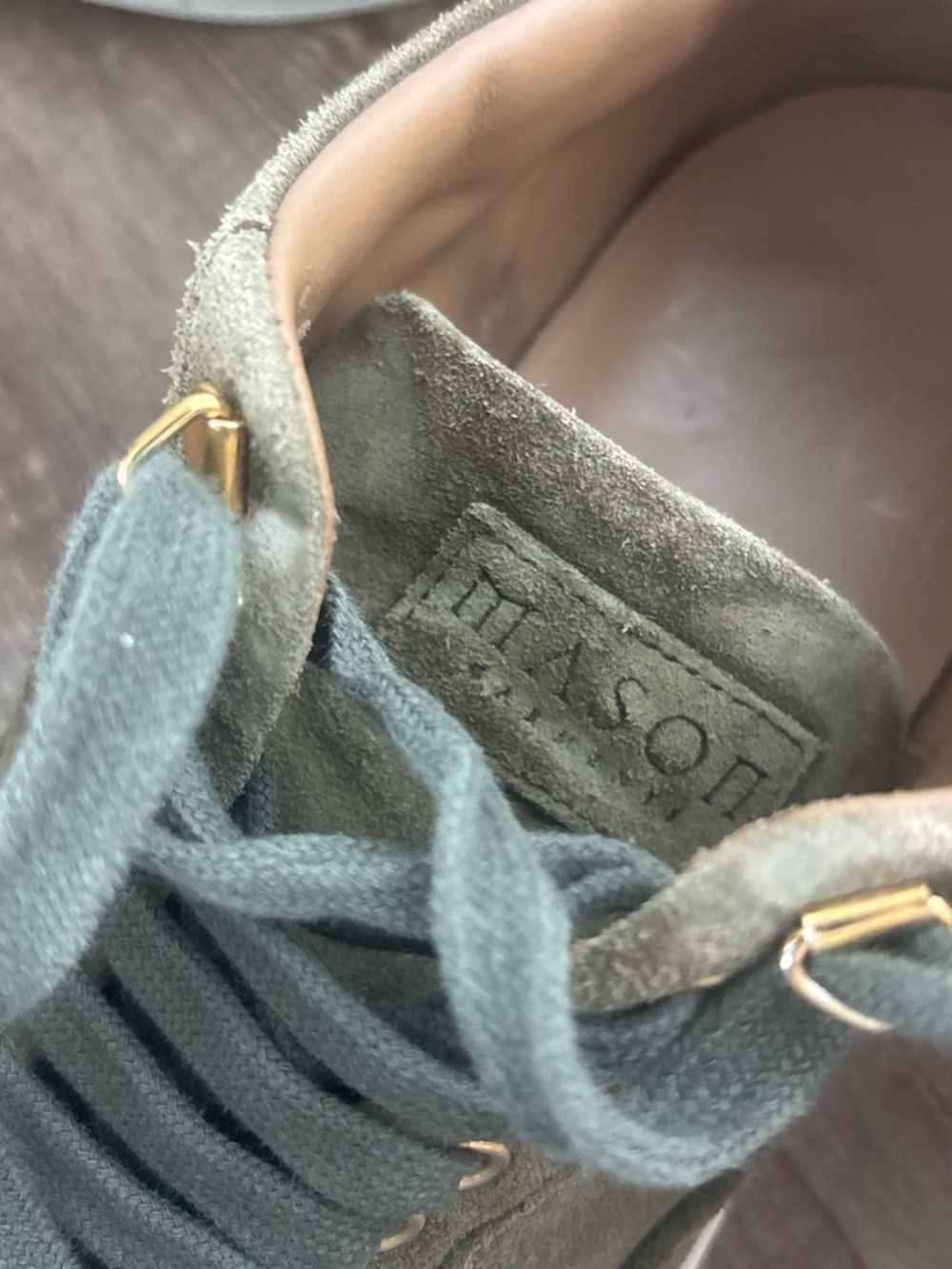 Mason Olive Green Suede Lace-Up Sneaker with Gold Eyelets